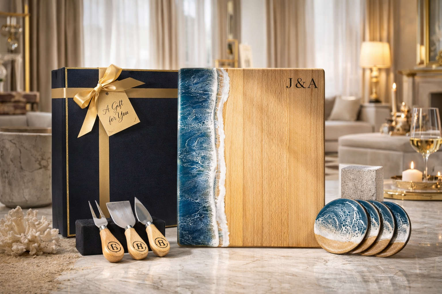 Personalized Ocean Resin Charcuterie Board Gift Set